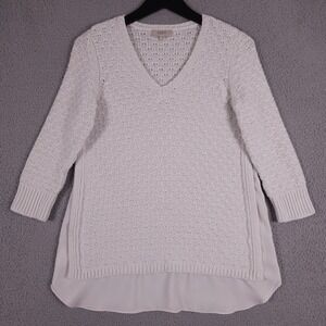Ann Taylor LOFT Sweater Womens M White V Neck Knit Mixed Media Tunic Pullover‎